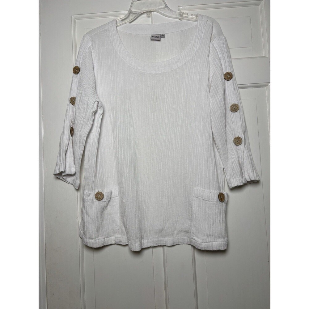 FOCUS Ribbed White Tunic Top w/Wooden Buttons & Split Slvs Women’s M
